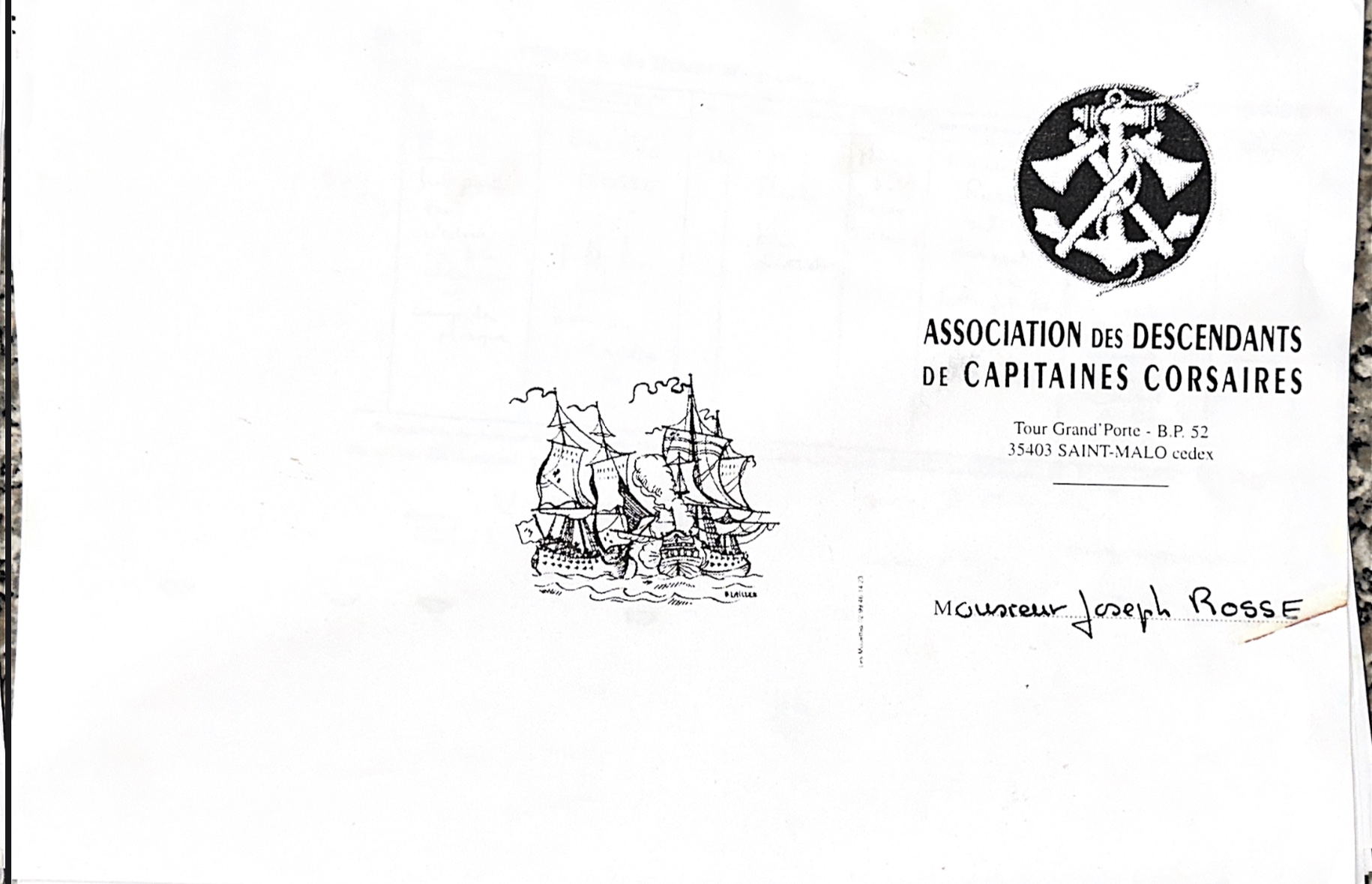 Archival page from the Association des Descendants de Capitaines Corsaires bearing Joseph Rosse's name